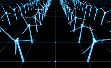 Wind turbines, planning, model of a wind farm, hologram, blueprint, grid plan. Technology, environment, sustainable energy, enineering. 3D illustration