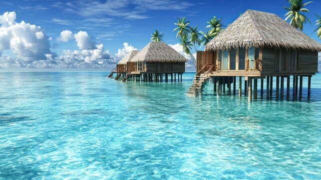 A serene tropical beach scene with overwater bungalows and palm trees.