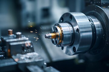 Fototapeta premium A close up shot showing a cnc lathe machine operating with sparks flying in a manufacturing setting