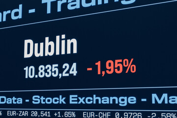 Fototapeta premium Dublin stock index moving down. Falling Irish share prices, bearmarket, reduction, investment, business, crash, loss, crisis, stock market data. 3D illustration