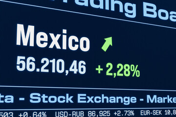 Obraz premium Mexico City stock index moving up. Rising Mexican share prices, bull market, growth, investment, business, profit, stock market data. 3D illustration