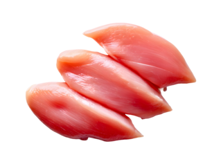 Four thin slices of raw boneless, skinless chicken breast. A lean and healthy choice, perfectly prepped for quick stir-fries, salads, or sandwiches.
