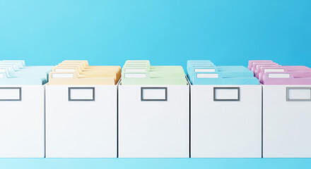 A row of colorful file folders with white labels on a blue background.