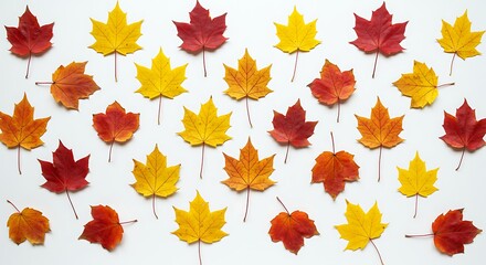 Fototapeta premium Array of colorful autumn leaves arranged on a white background