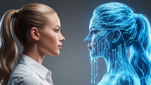Blond Woman Facing Ai Robotic Doppelganger With Blue Circuitry and Grey Background