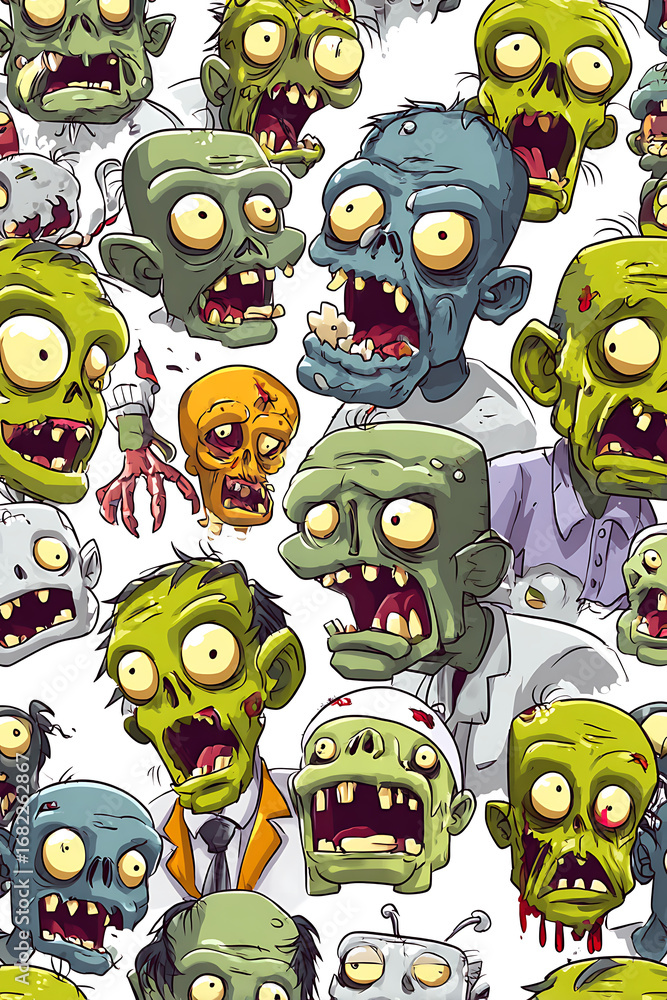 Poster colorful cartoon zombies with exaggerated features, expressing various emotions in a chaotic pattern
