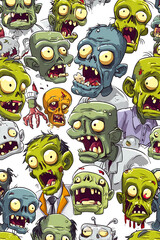 Colorful cartoon zombies with exaggerated features, expressing various emotions in a chaotic pattern
