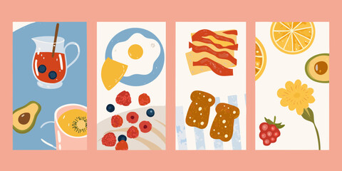 Vibrant and whimsical collection of breakfast food illustrations with fruits and flowers