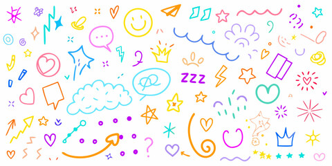 Collection of colorful hand drawn doodle elements including hearts stars smiley face speech bubbles and crowns