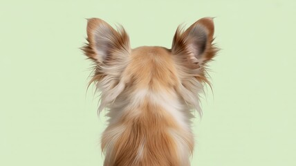 Naklejka premium Close up of a long haired chihuahua dog from behind with large upright ears against a light green background