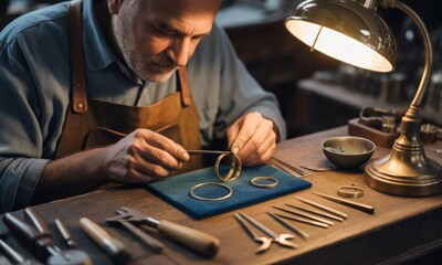 Craftsman shaping metal rings under warm light in workshop