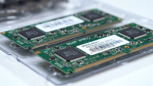 Close Up of Two Green Computer Ram Modules on Clear Plastic Packaging on White Surface