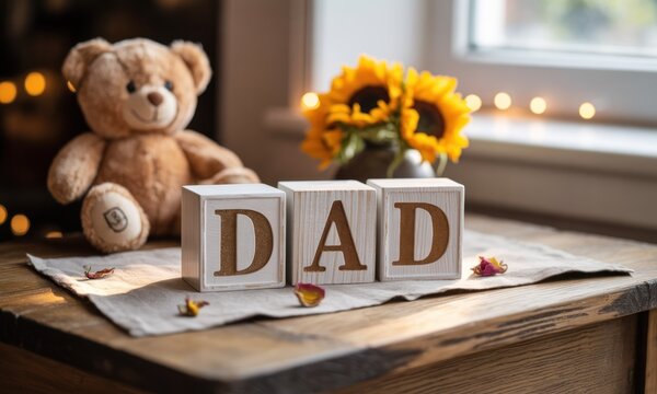 DAD" blocks with teddy bear & sunflowers, soft focus, warm light near window - Powered by Adobe