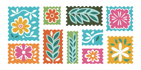 Collection of colorful postage stamps featuring stylized floral and leaf designs in a folk art style