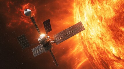 Satellite exploring the sun's corona with solar panels in deep space and a fiery nebula background