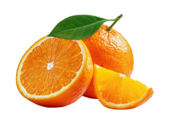 Fresh, juicy oranges, halved and whole, with a vibrant orange hue and green leaf