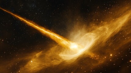 Golden nebula with a bright jet of energy shooting across the cosmos in a stunning space background view