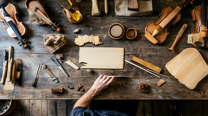 Craftsman working on violin-making at a cluttered workbench filled with tools and materials