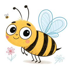 Fototapeta premium Cute Cartoon Bee Illustration: Honeybee with Flowers and Little Bee on transparent background