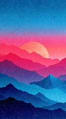 Retro vaporwave landscape with neon blue river and 80s gradient hills in synthwave color palette.