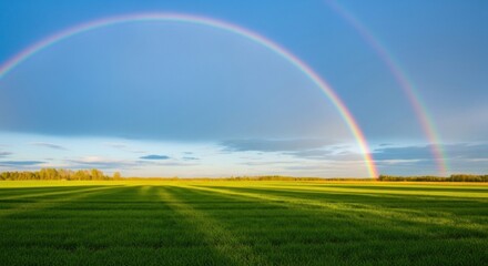 Obraz premium Double rainbow over vibrant field; blue sky and distant trees