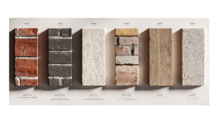 Brick and stone samples, various colors and textures