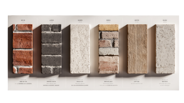 Brick and stone samples, various colors and textures