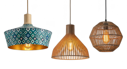 Three stylish pendant lamps with unique designs, showcasing natural materials and intricate patterns isolated on transparent background