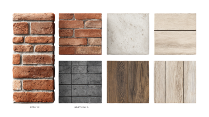 Interior design material samples brick, stone, tile, wood