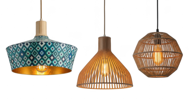 Three stylish pendant lamps with unique designs, showcasing natural materials and intricate patterns isolated on transparent background