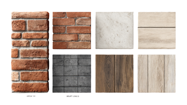 Interior design material samples brick, stone, tile, wood