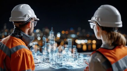 Modern Blueprint: Two architects wearing protective helmets analyze a holographic projection of a city blueprint at night, representing futuristic urban planning. - Powered by Adobe