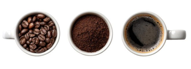 Three white cups of coffee, one each of coffee beans, grounds, and espresso