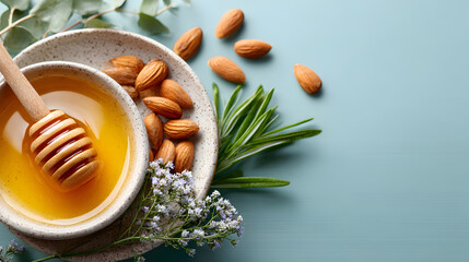 Bowl of honey with wooden dipper surrounded by almonds and fresh herbs on a soft blue background, creating a serene and natural atmosphere. Selective focus