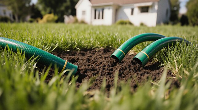 green garden hose in freshly dug-out lawn area | landscape, gardening, landscaping, construction, greenery theme
