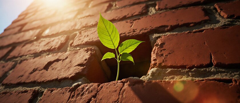 green sprout sprouting through aged brick wall in sunlight | nature, growth, resilience, strength, hope theme - Powered by Adobe