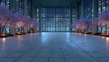 Empty urban atrium at night, lit by cherry blossoms