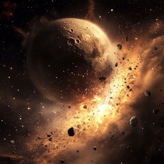 Dramatic space scene featuring a moon with craters amidst cosmic dust and asteroid debris field