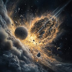 Dramatic cosmic explosion with asteroids and planets in a vibrant nebula landscape of space and time