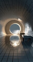 A smooth, light tunnel, circular window, and benches