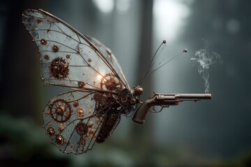 Steampunk butterfly with gun, misty forest