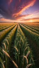 Golden Wheat Field Rows at Sunset with Dramatic Sky
