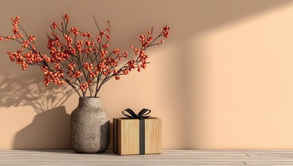 Muted peach wall, vase with berries, gift box