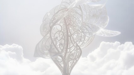 Abstract, white, sculpted, organic form against a bright sky