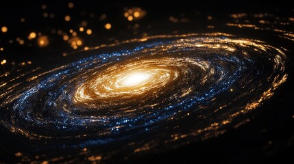 Swirling galaxy with bright center and blue and gold dust clouds in deep space exploration scene
