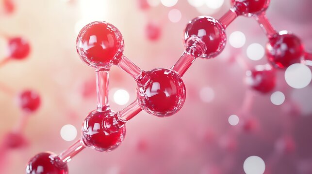 A close up view of a red molecular structure with connecting bonds on a blurred pink background