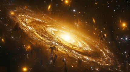 Golden spiral galaxy shines brightly in the vast expanse of the universe with distant stars