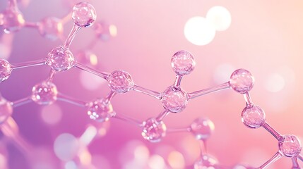 Close up of a molecule structure with transparent spheres and rods on a pink and purple background