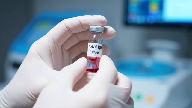 Gloved Hand Holds Total Ige Level Vial Against Blurred Laboratory Background
