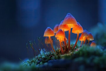 Glowing mushrooms in a moss-covered forest at night